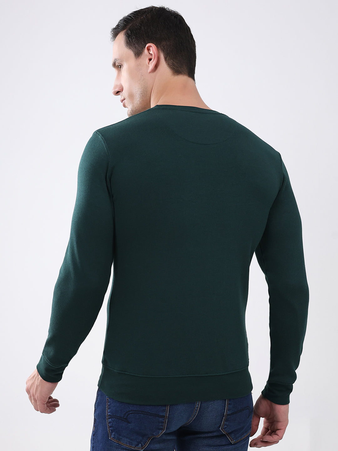 Men Green Solid Round Neck Full Sleeve Winter T-Shirt