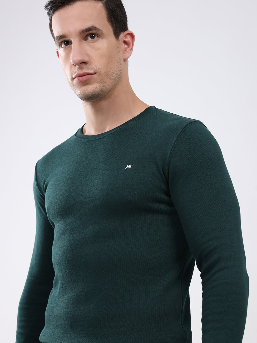 Men Green Solid Round Neck Full Sleeve Winter T-Shirt