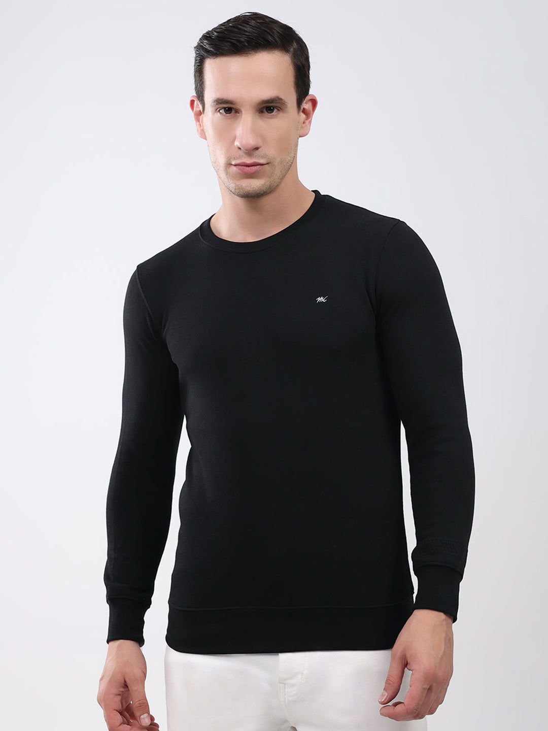 Men Black Solid Round Neck Full Sleeve Winter T-Shirt