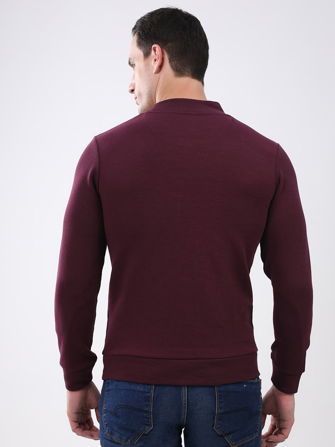 Men Maroon Solid Mock Neck Full Sleeve Winter T-Shirt