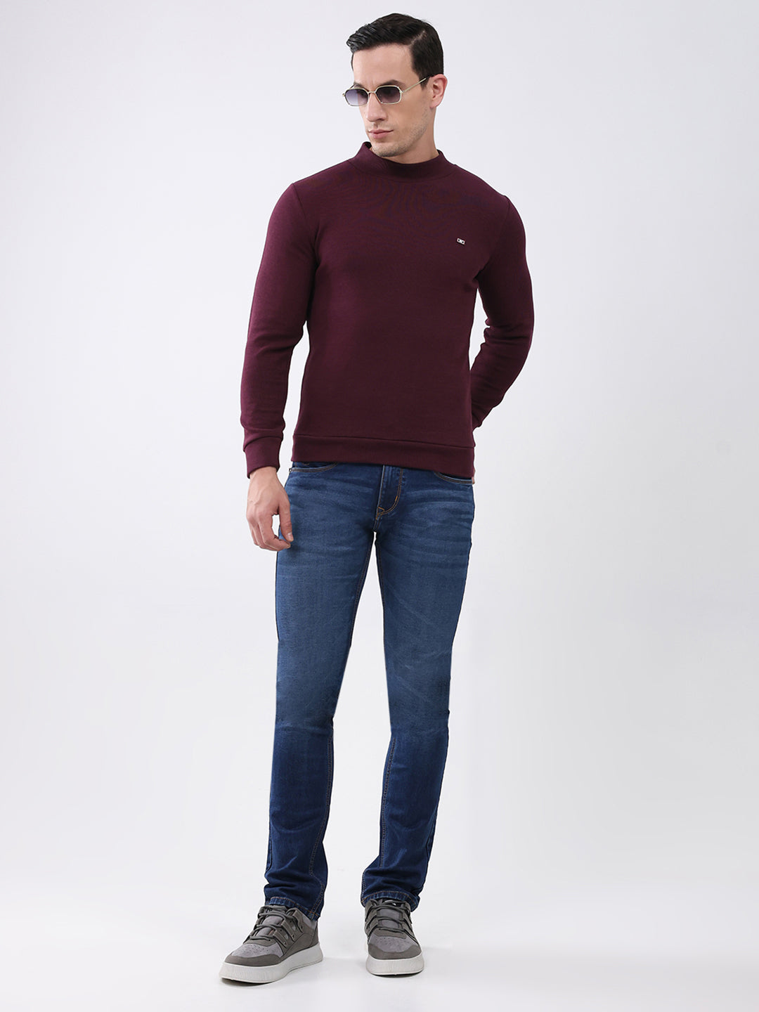 Men Maroon Solid Mock Neck Full Sleeve Winter T-Shirt
