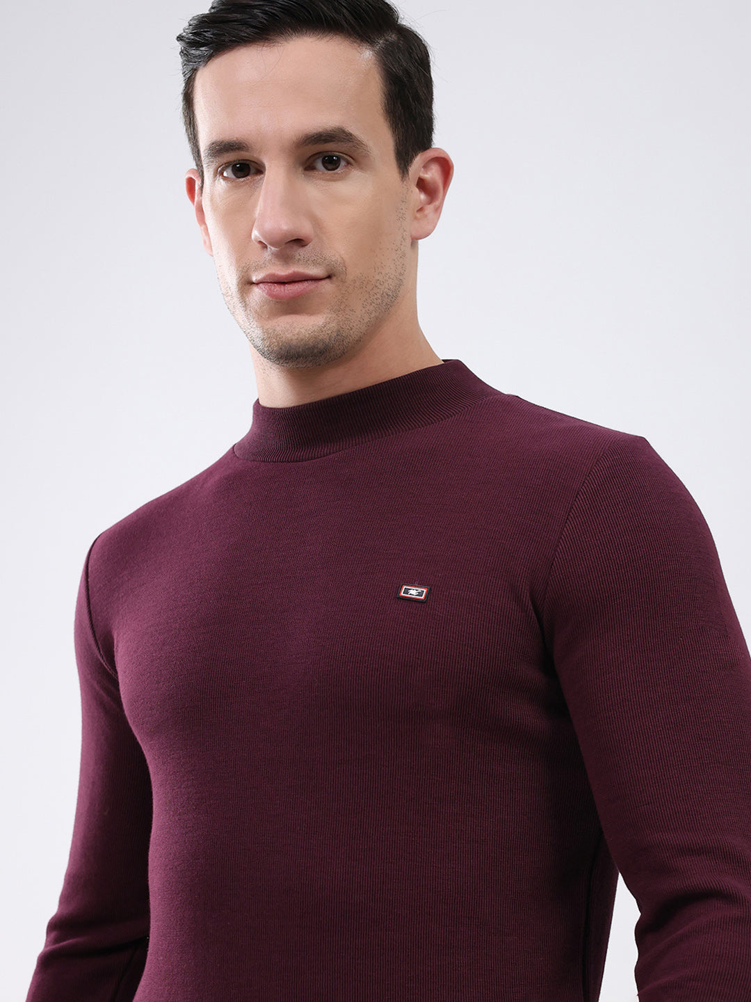 Men Maroon Solid Mock Neck Full Sleeve Winter T-Shirt