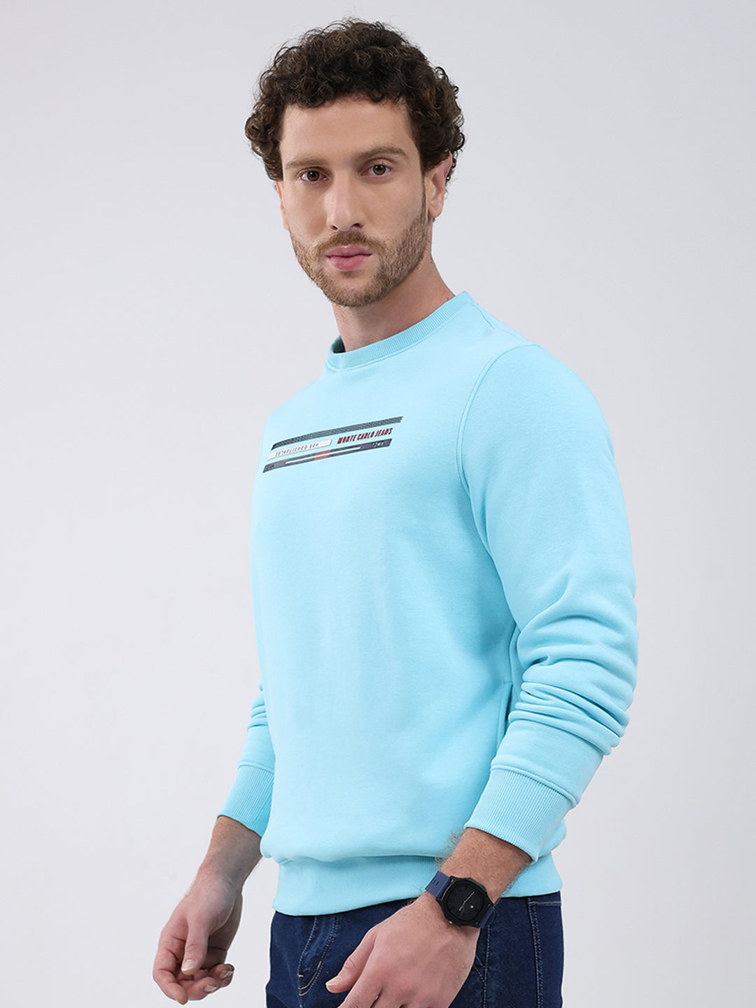 Men Turquoise Blue Printed Round Neck Full Sleeve Sweatshirt