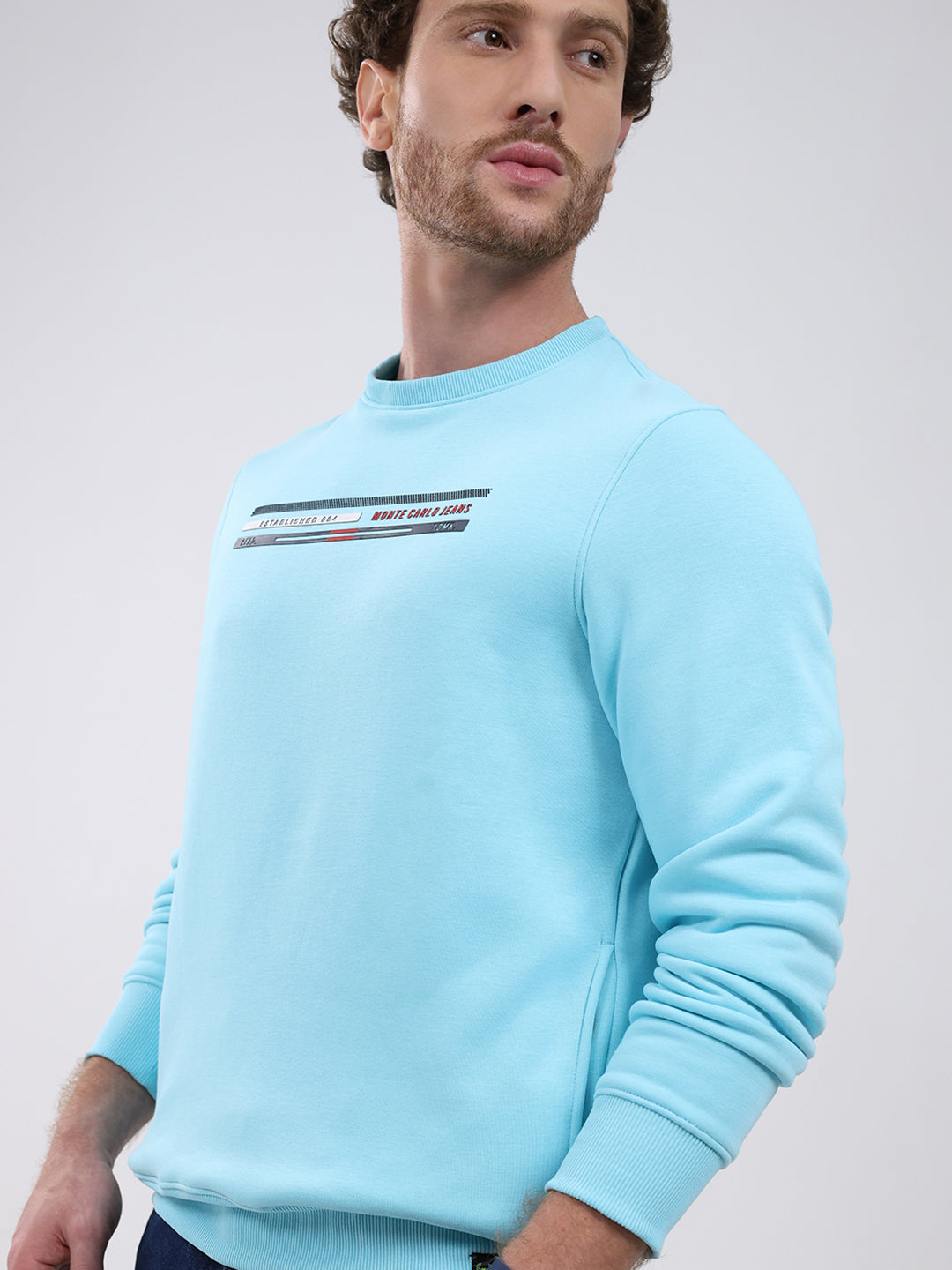 Men Turquoise Blue Printed Round Neck Full Sleeve Sweatshirt