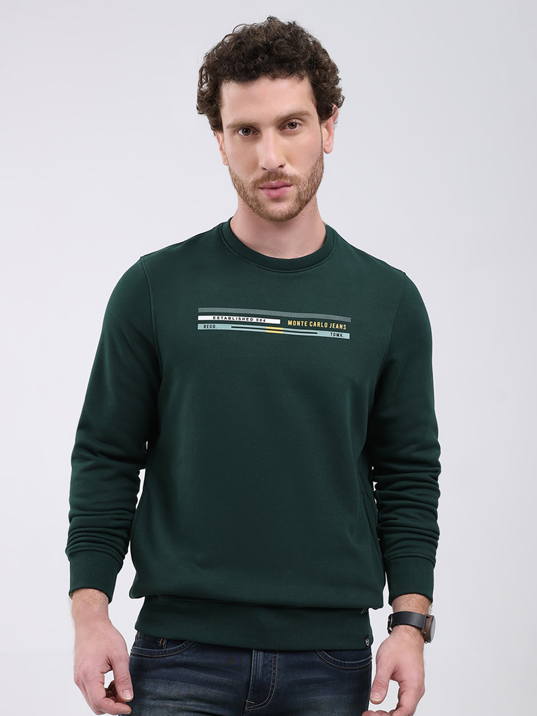Men Green Printed Round Neck Full Sleeve Sweatshirt