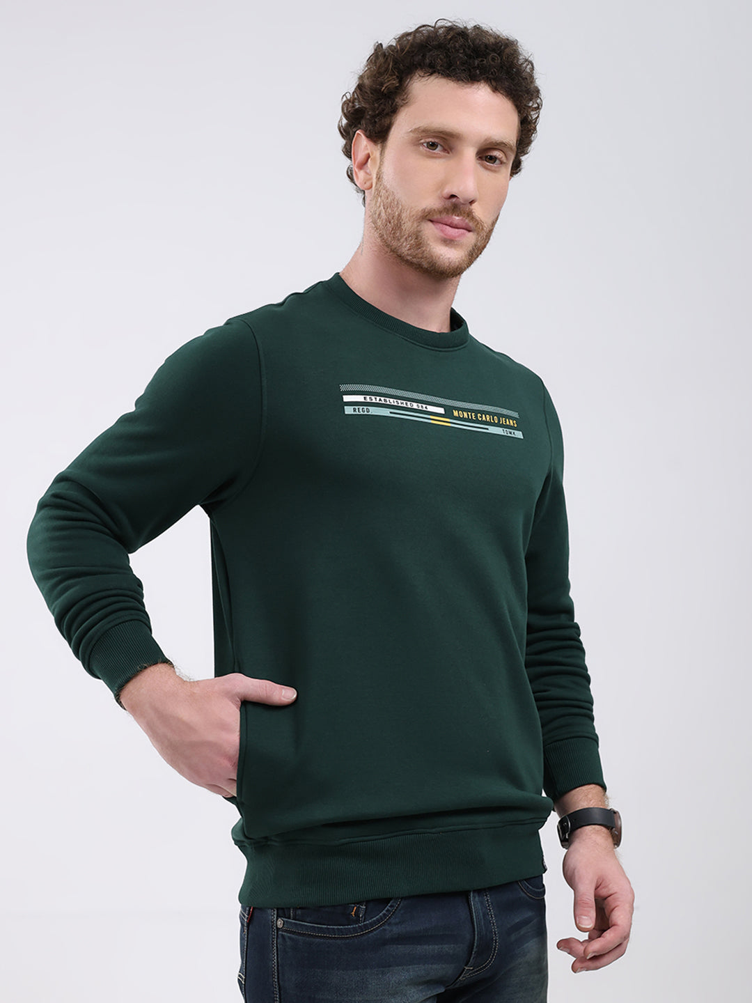 Men Green Printed Round Neck Full Sleeve Sweatshirt