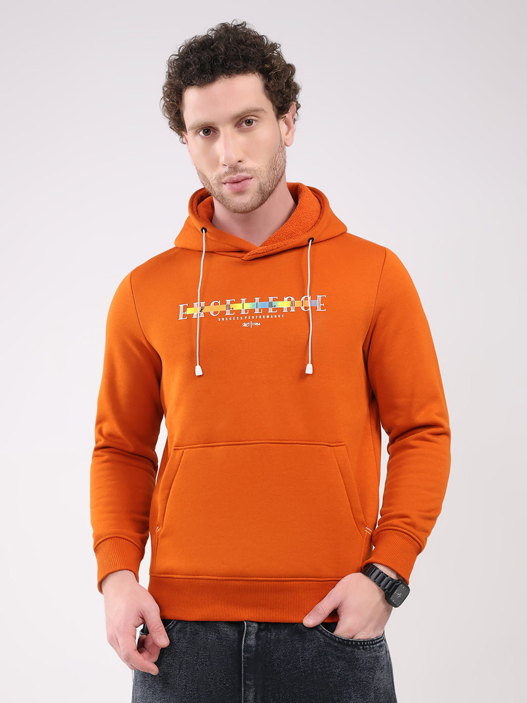 Men Orange Printed Hooded Full Sleeve Sweatshirt