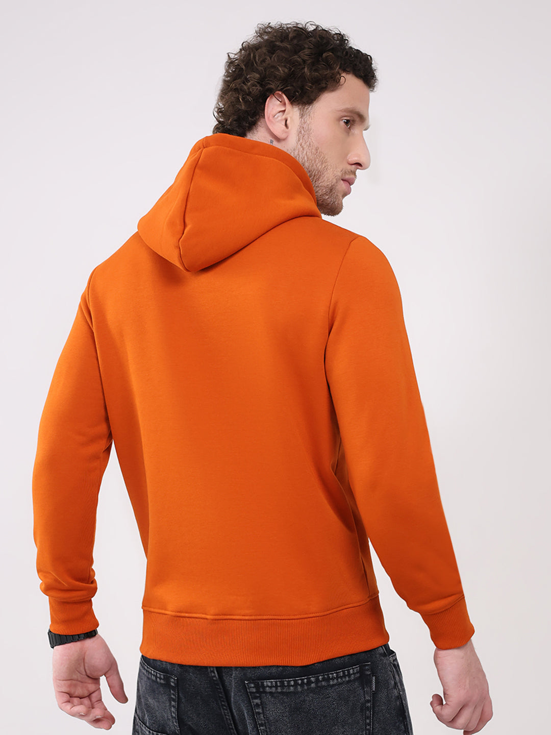 Men Orange Printed Hooded Full Sleeve Sweatshirt