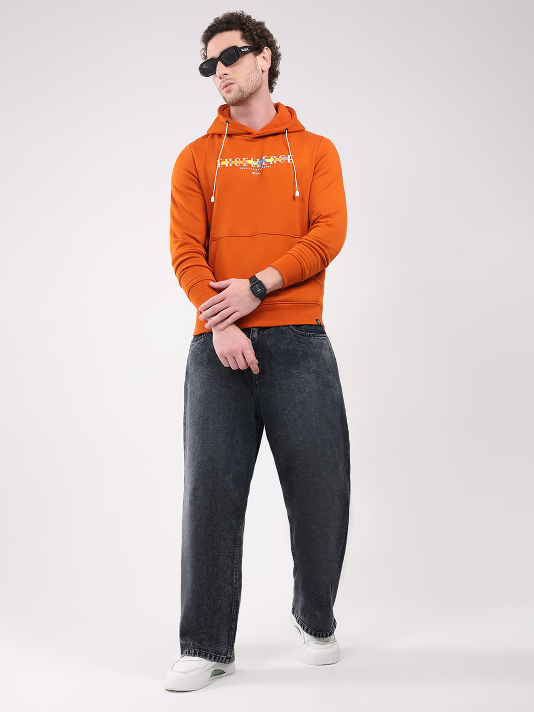 Men Orange Printed Hooded Full Sleeve Sweatshirt