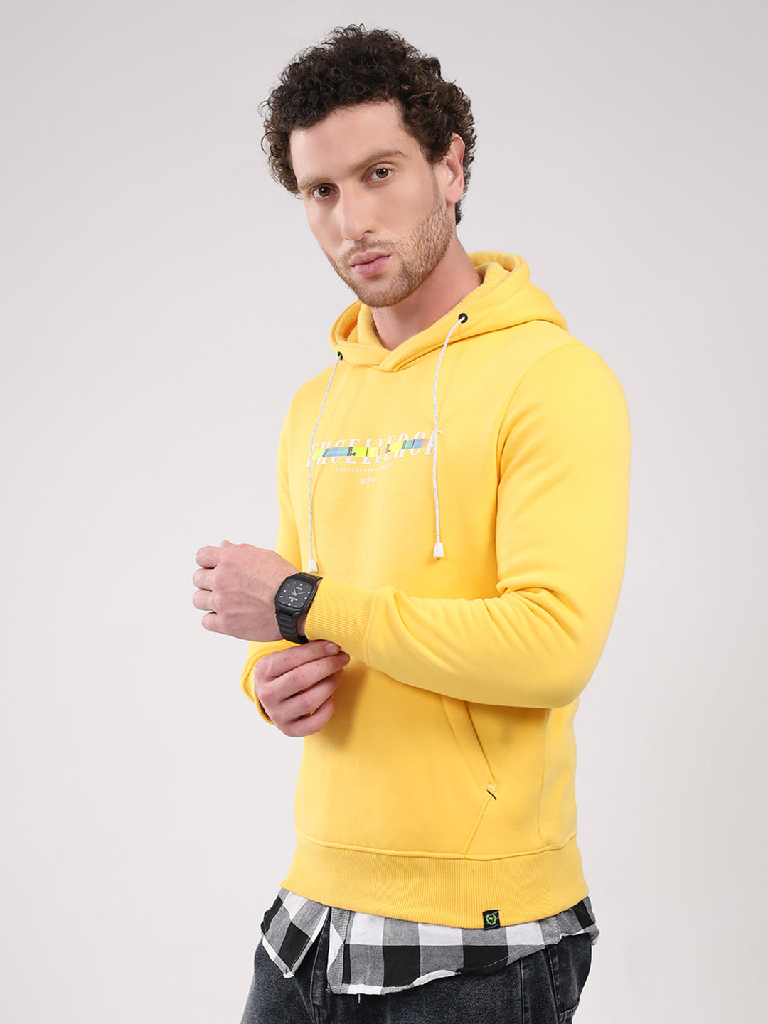 Men Yellow Printed Hooded Full Sleeve Sweatshirt