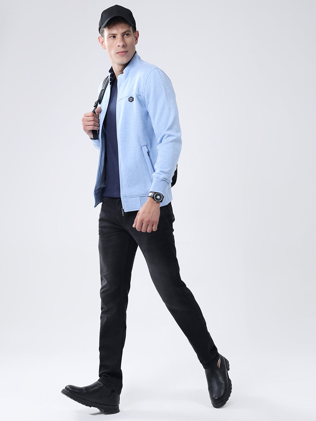 Men Blue Solid Mock Neck Full Sleeve Sweatshirt