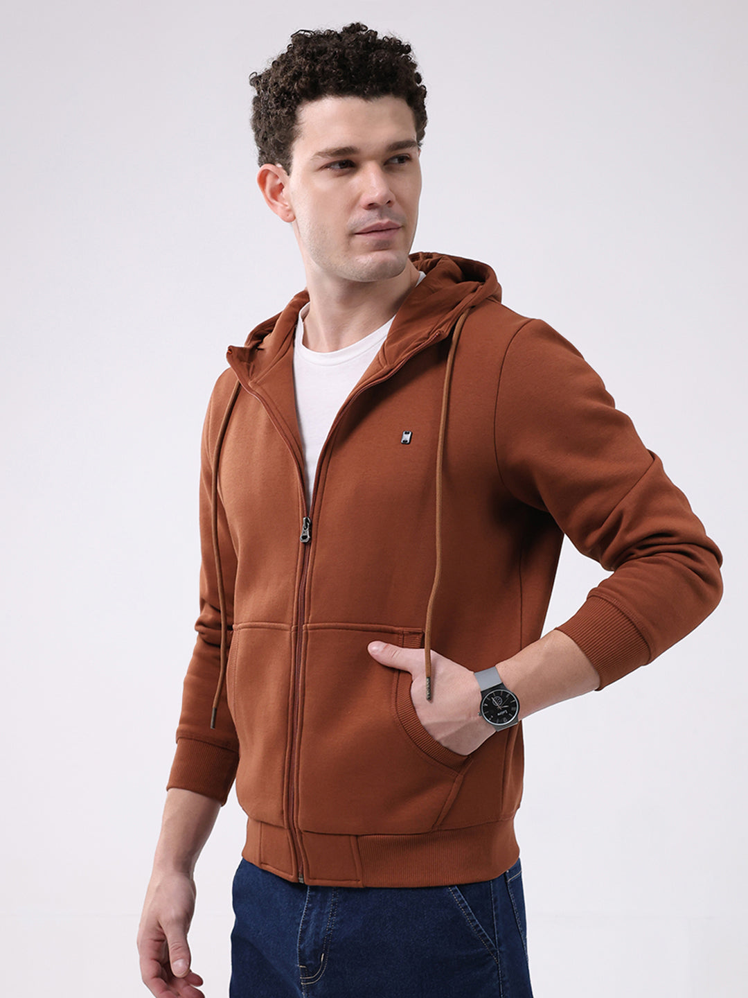 Men Brown Solid Hooded Full Sleeve Sweatshirt