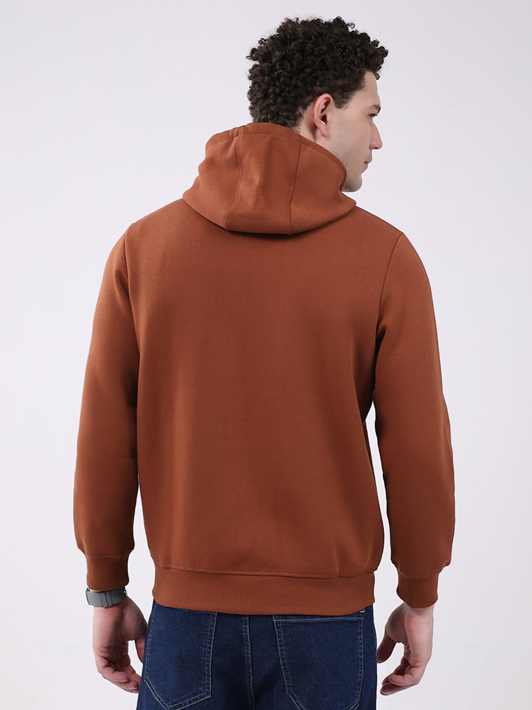 Men Brown Solid Hooded Full Sleeve Sweatshirt
