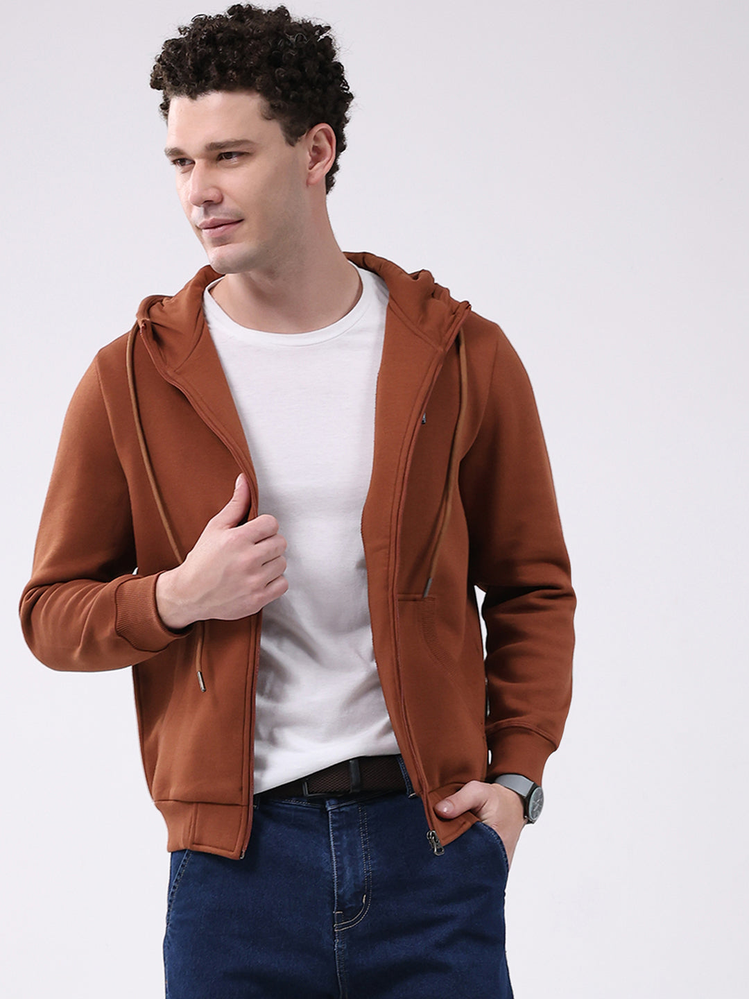 Men Brown Solid Hooded Full Sleeve Sweatshirt