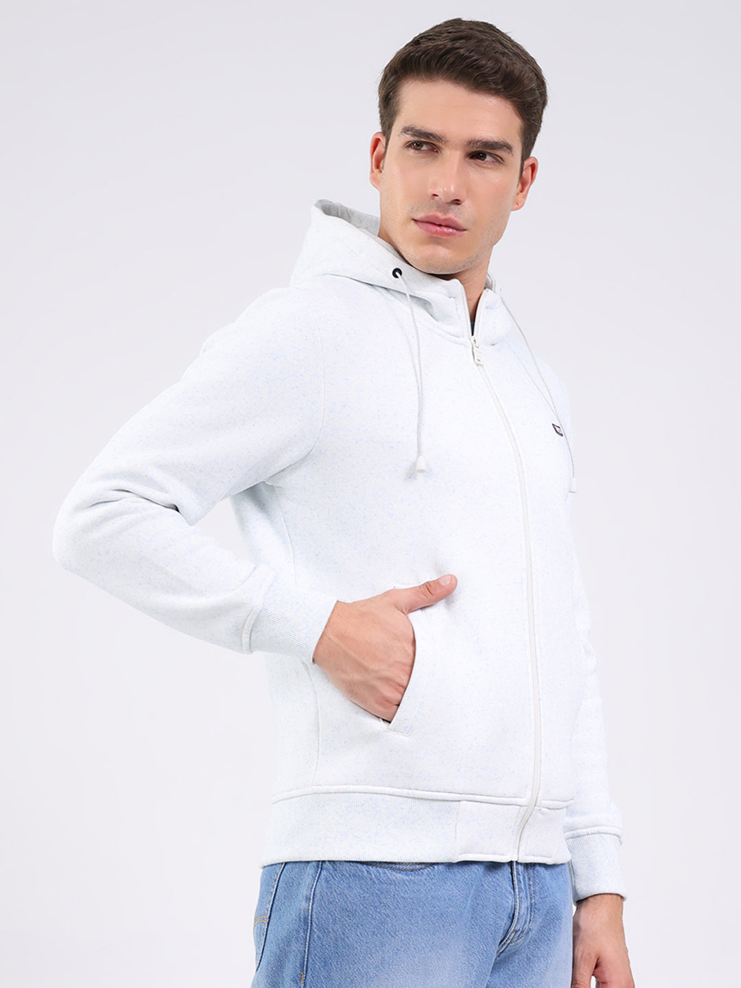 Men Off White Solid Hooded Full Sleeve Sweatshirt