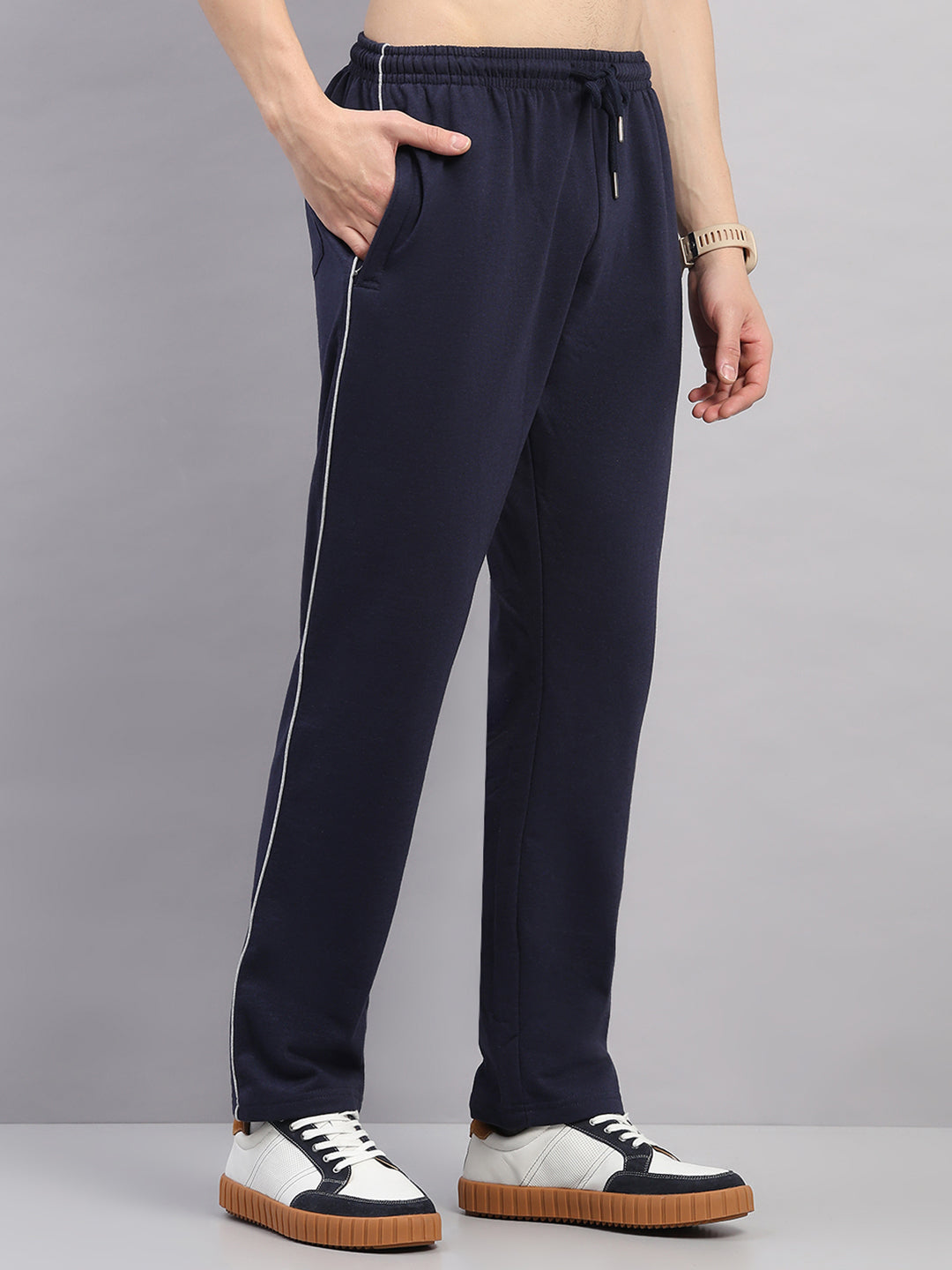 Men Dark Blue Solid Regular Fit Winter Lower