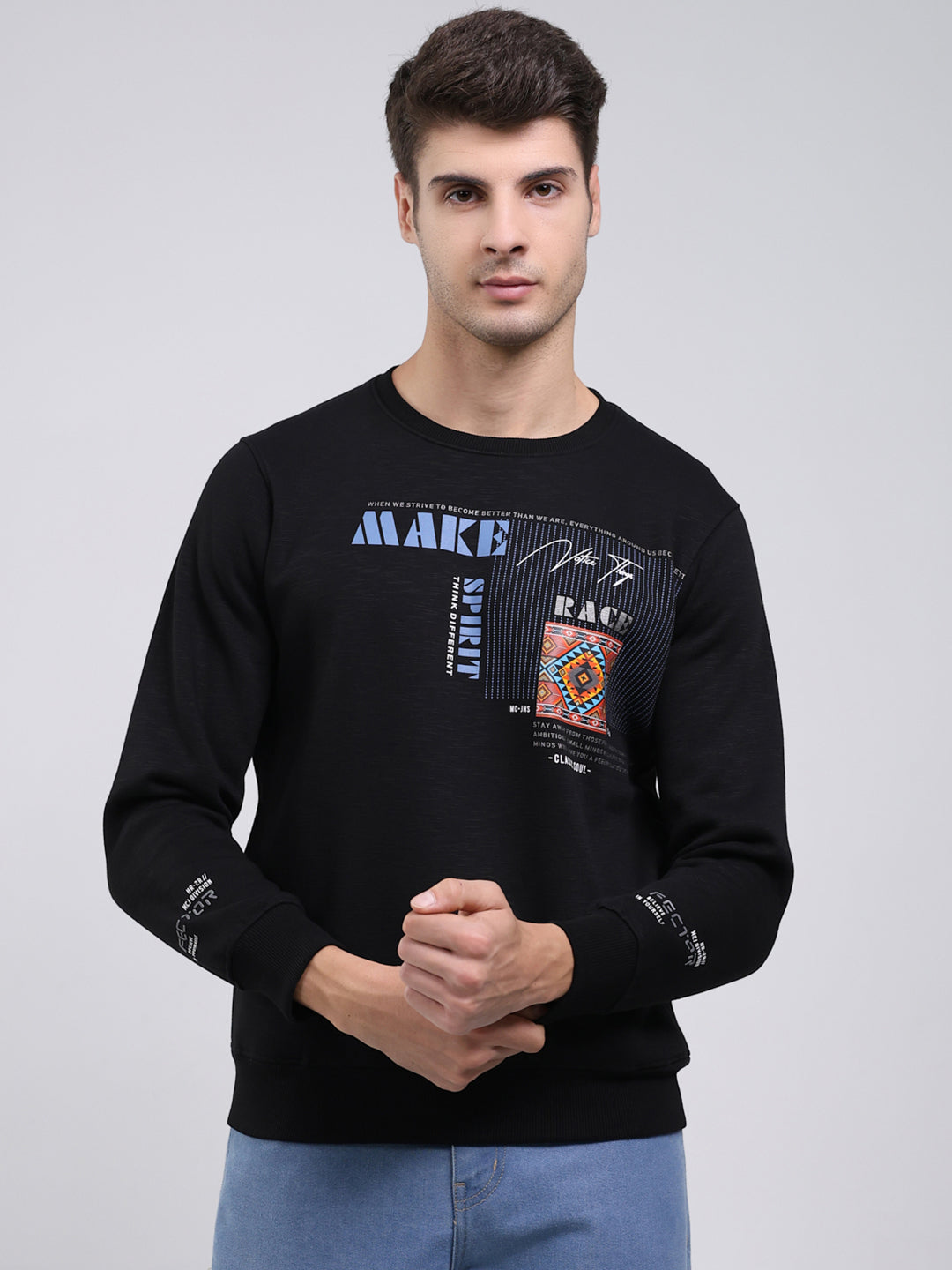 Men Black Printed Round Neck Full Sleeve Sweatshirt