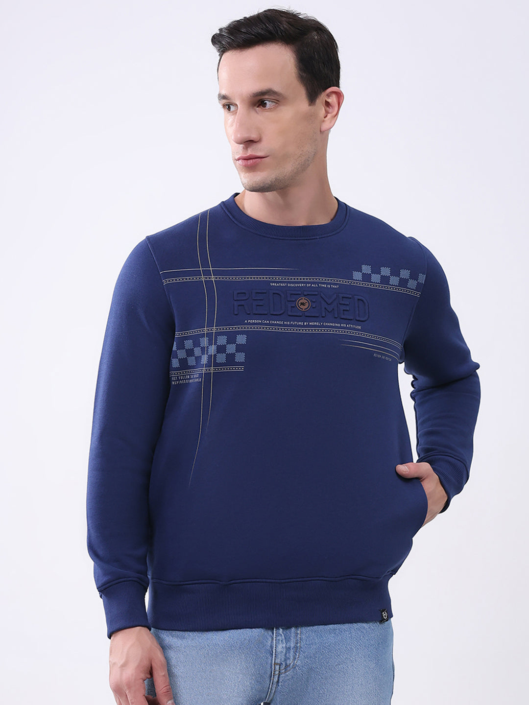 Men Blue Printed Round Neck Full Sleeve Sweatshirt