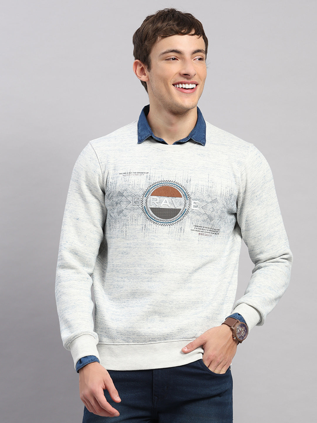 Men Grey Printed Round Neck Full Sleeve Sweatshirt