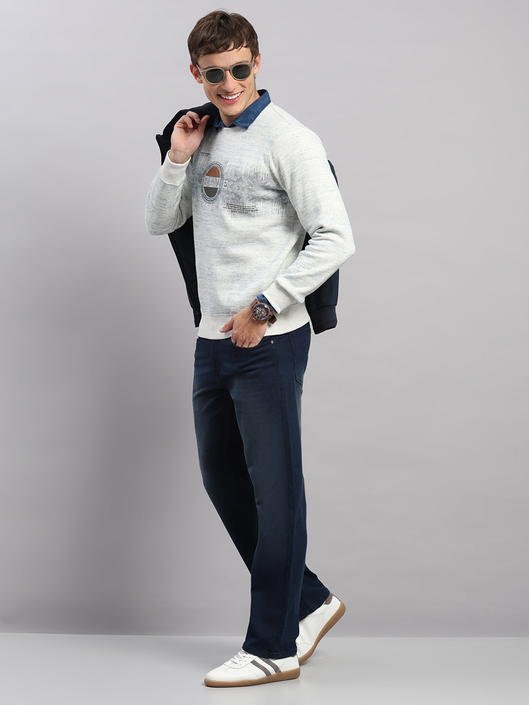 Men Grey Printed Round Neck Full Sleeve Sweatshirt