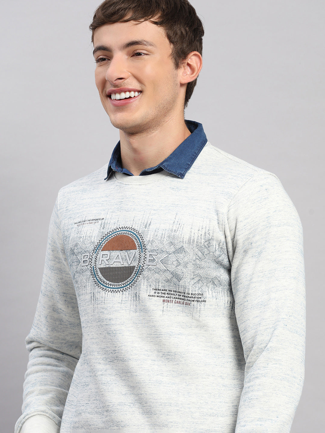 Men Grey Printed Round Neck Full Sleeve Sweatshirt