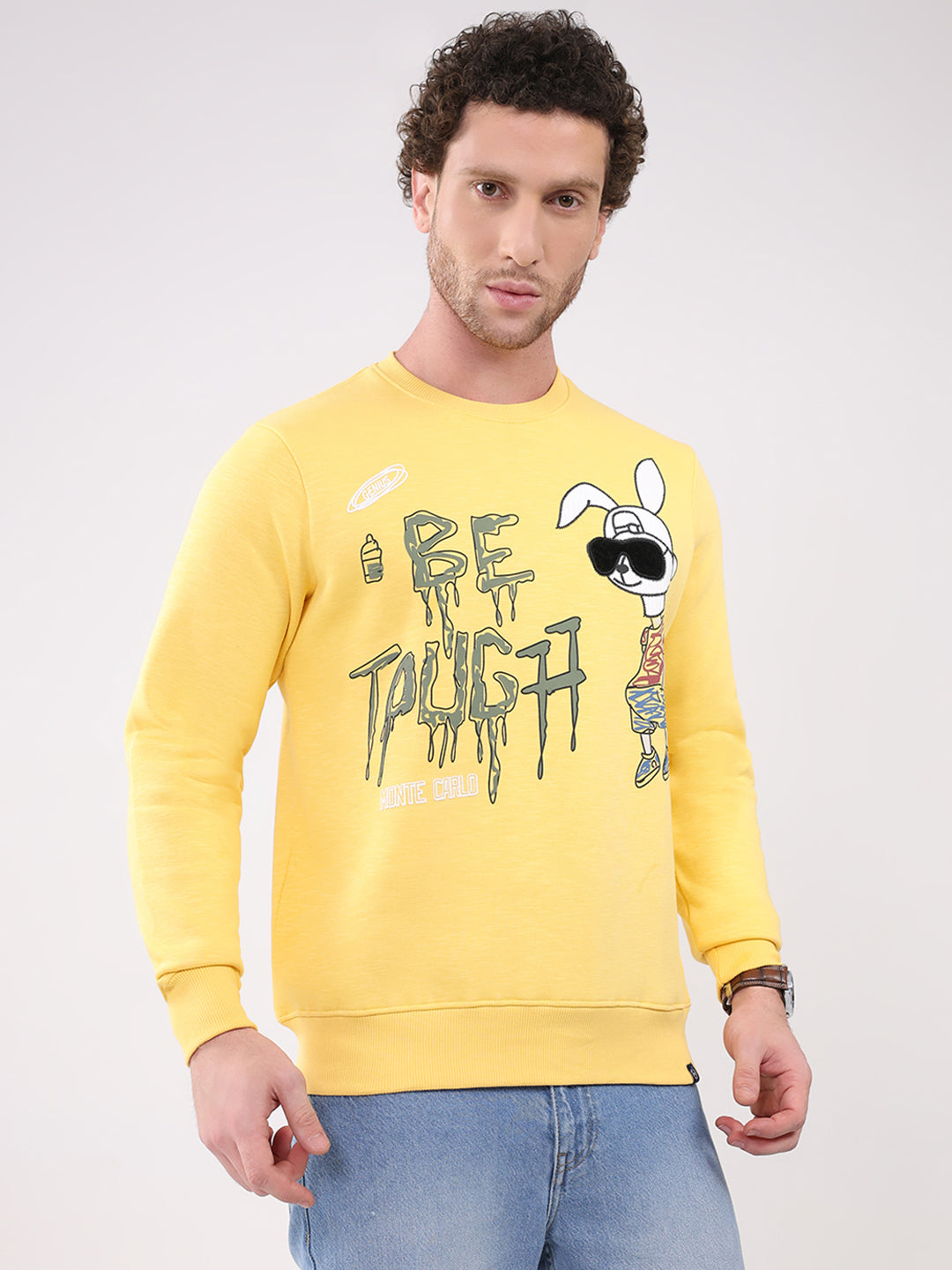 Men Yellow Printed Round Neck Full Sleeve Sweatshirt
