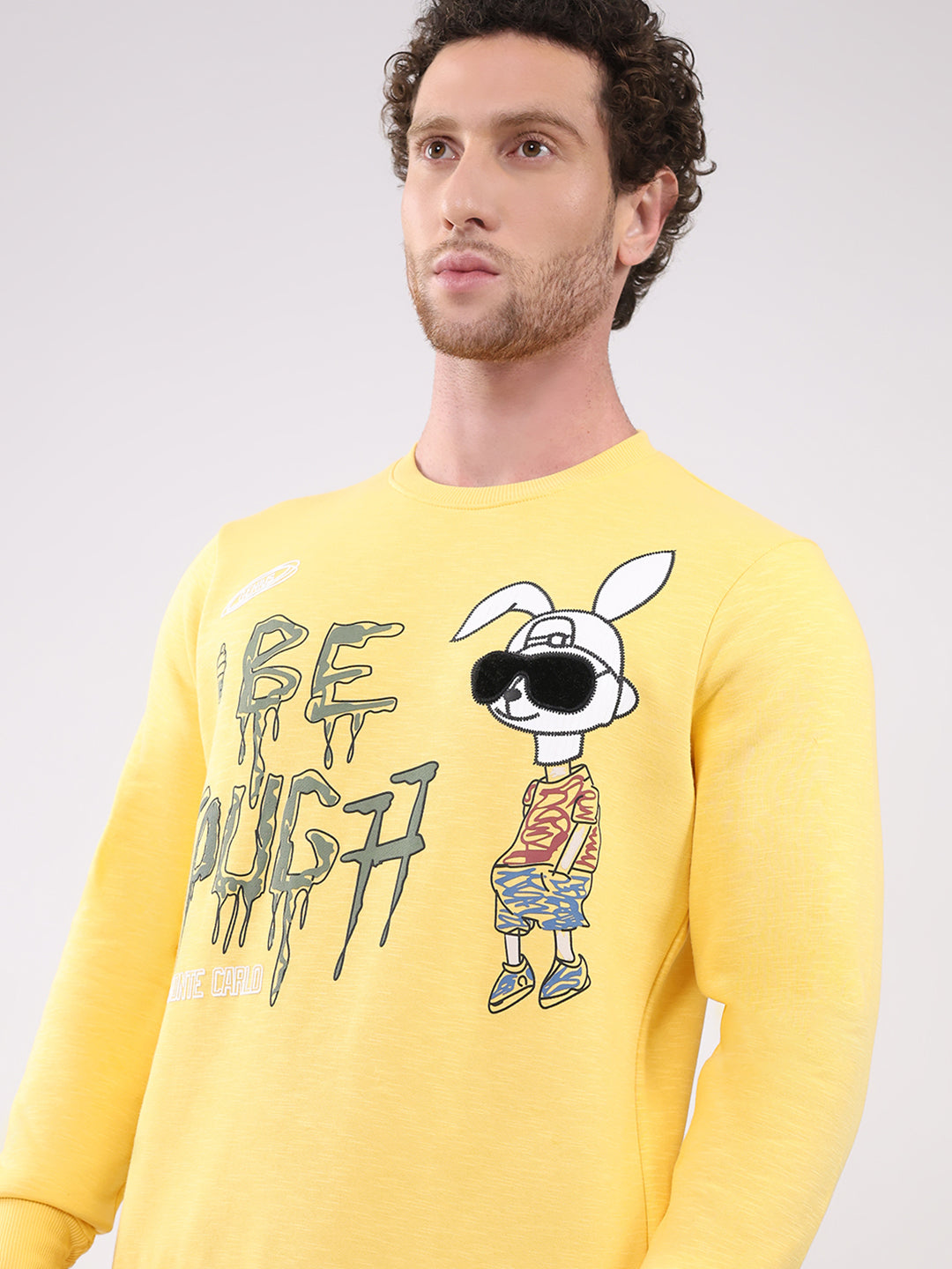 Men Yellow Printed Round Neck Full Sleeve Sweatshirt