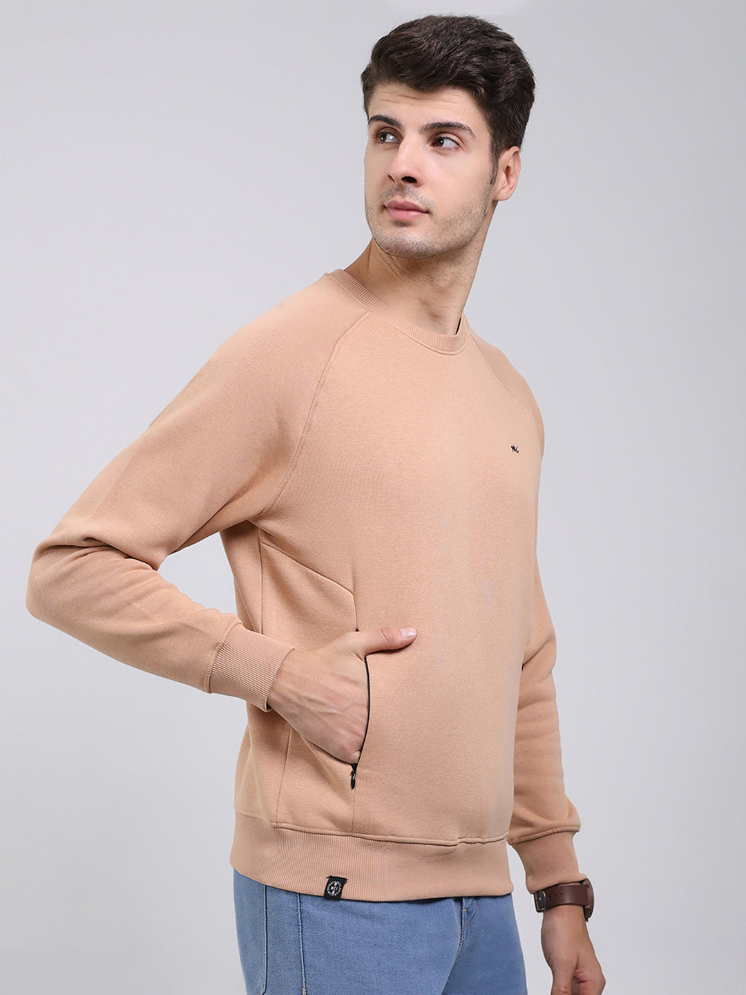 Men Khaki Solid Round Neck Full Sleeve Sweatshirt