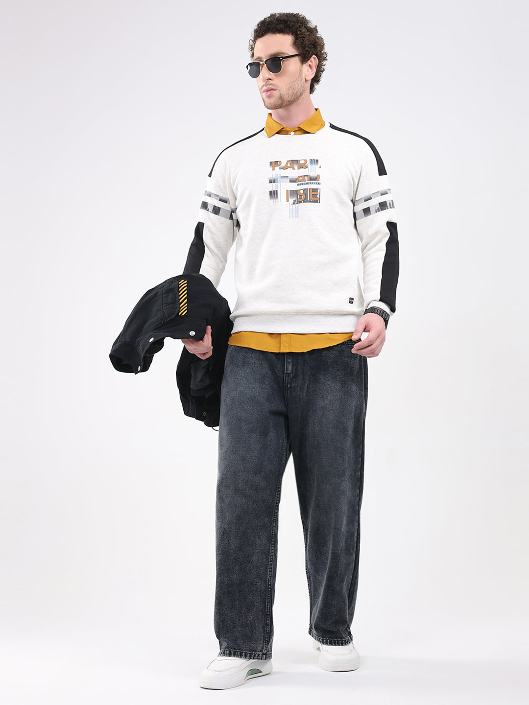 Men Off White Printed Round Neck Full Sleeve Sweatshirt