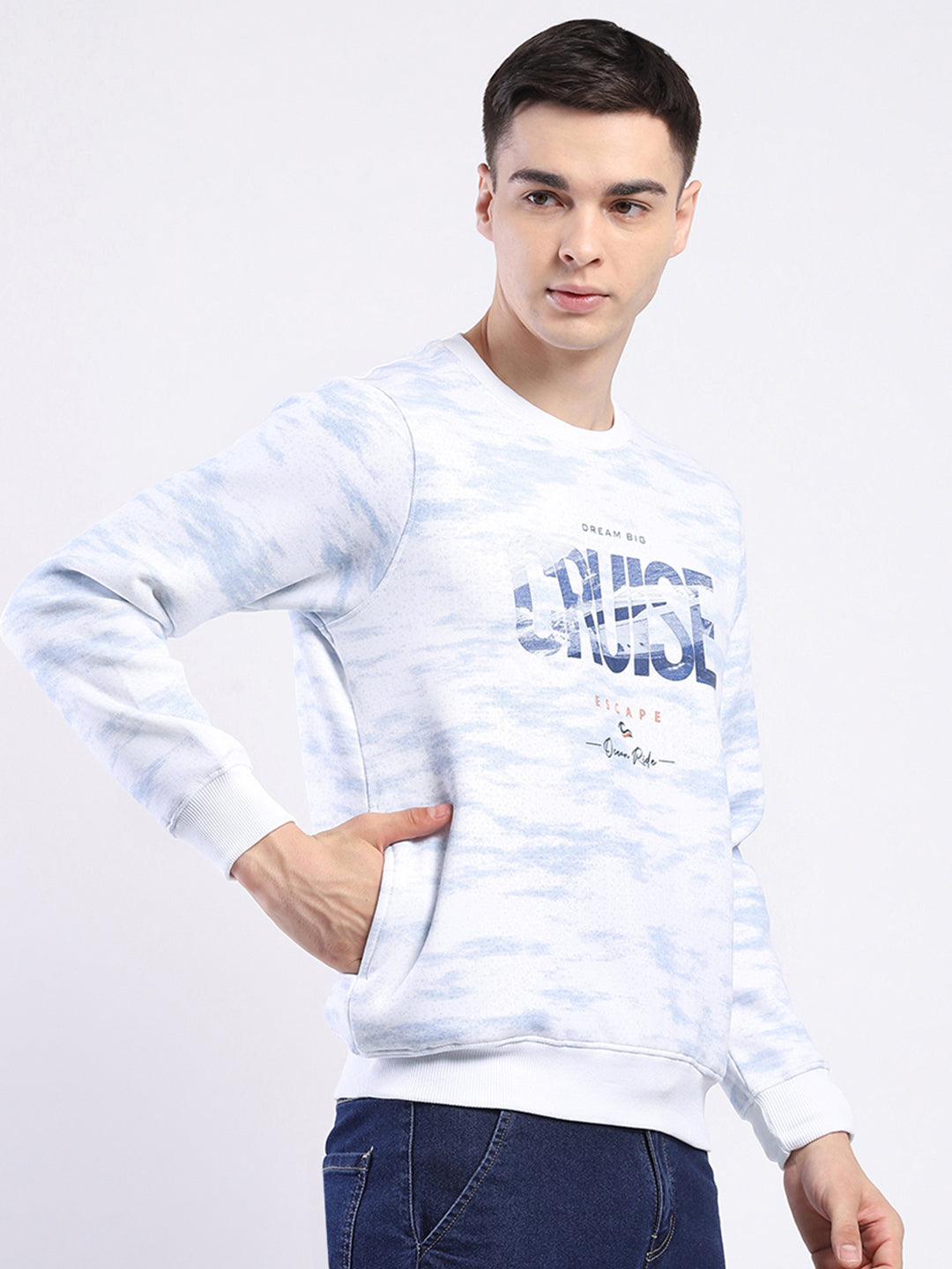 Men White Printed Round Neck Full Sleeve Sweatshirt