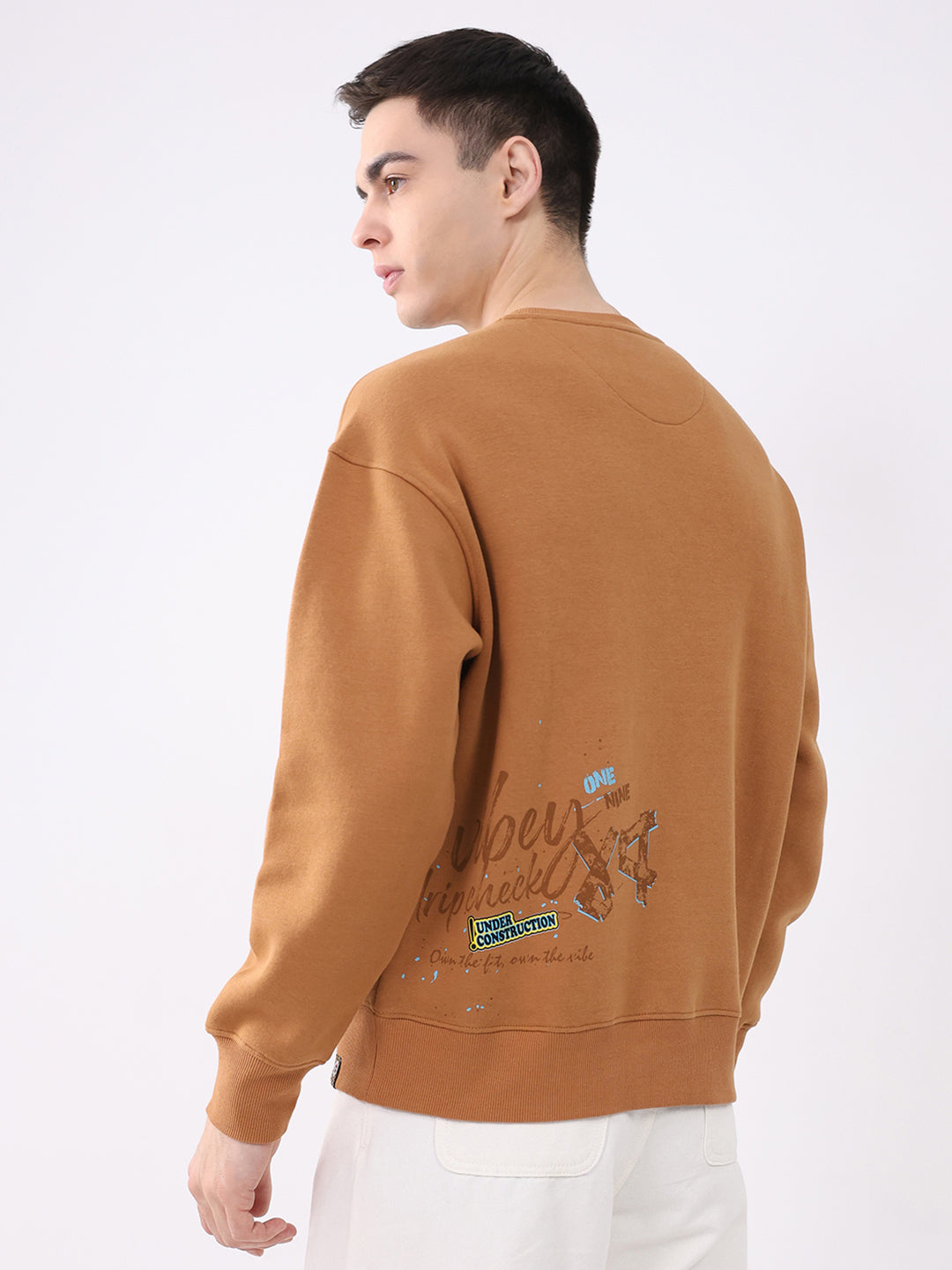 Men Tan Printed Round Neck Full Sleeve Sweatshirt