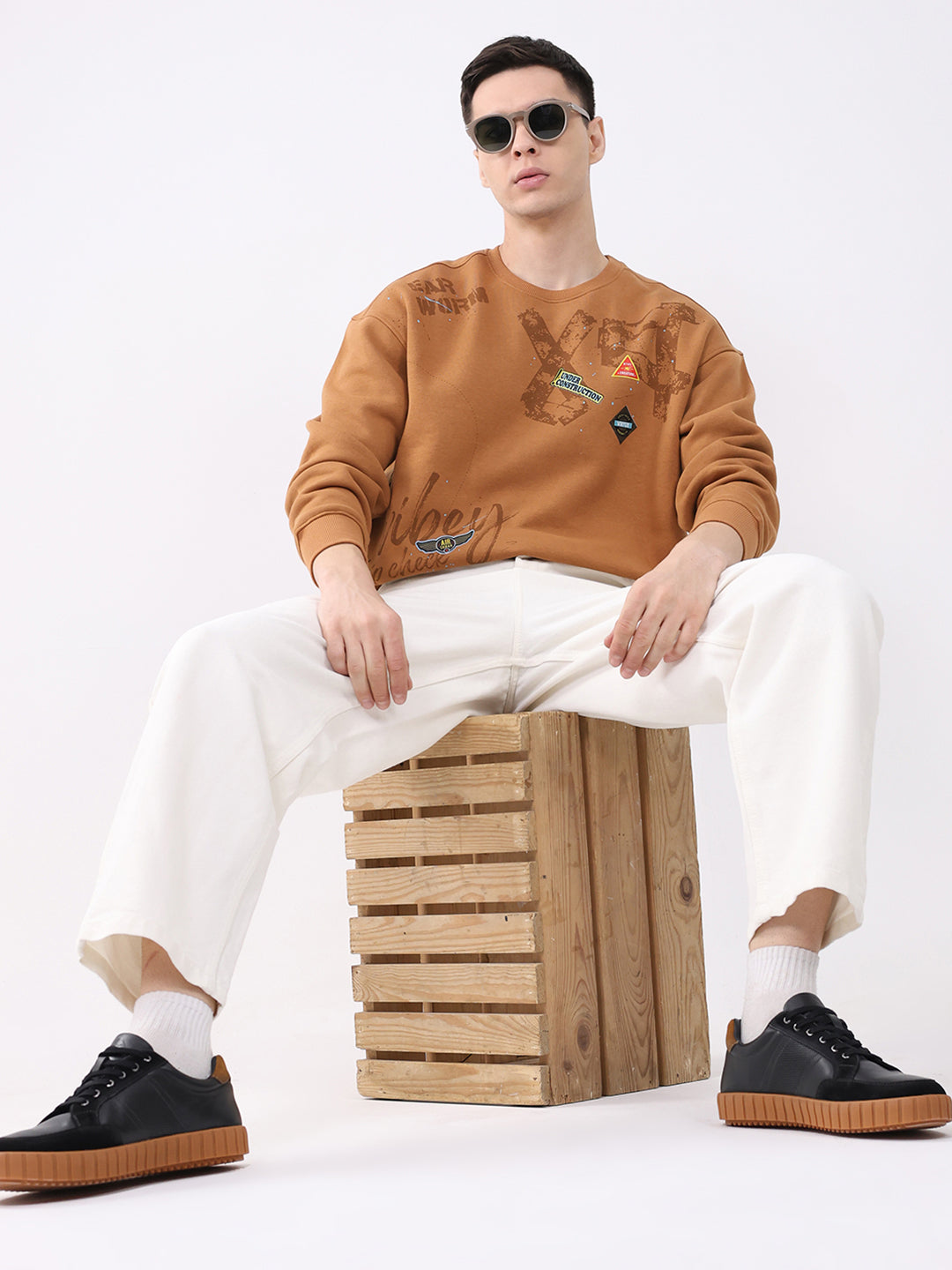 Men Tan Printed Round Neck Full Sleeve Sweatshirt