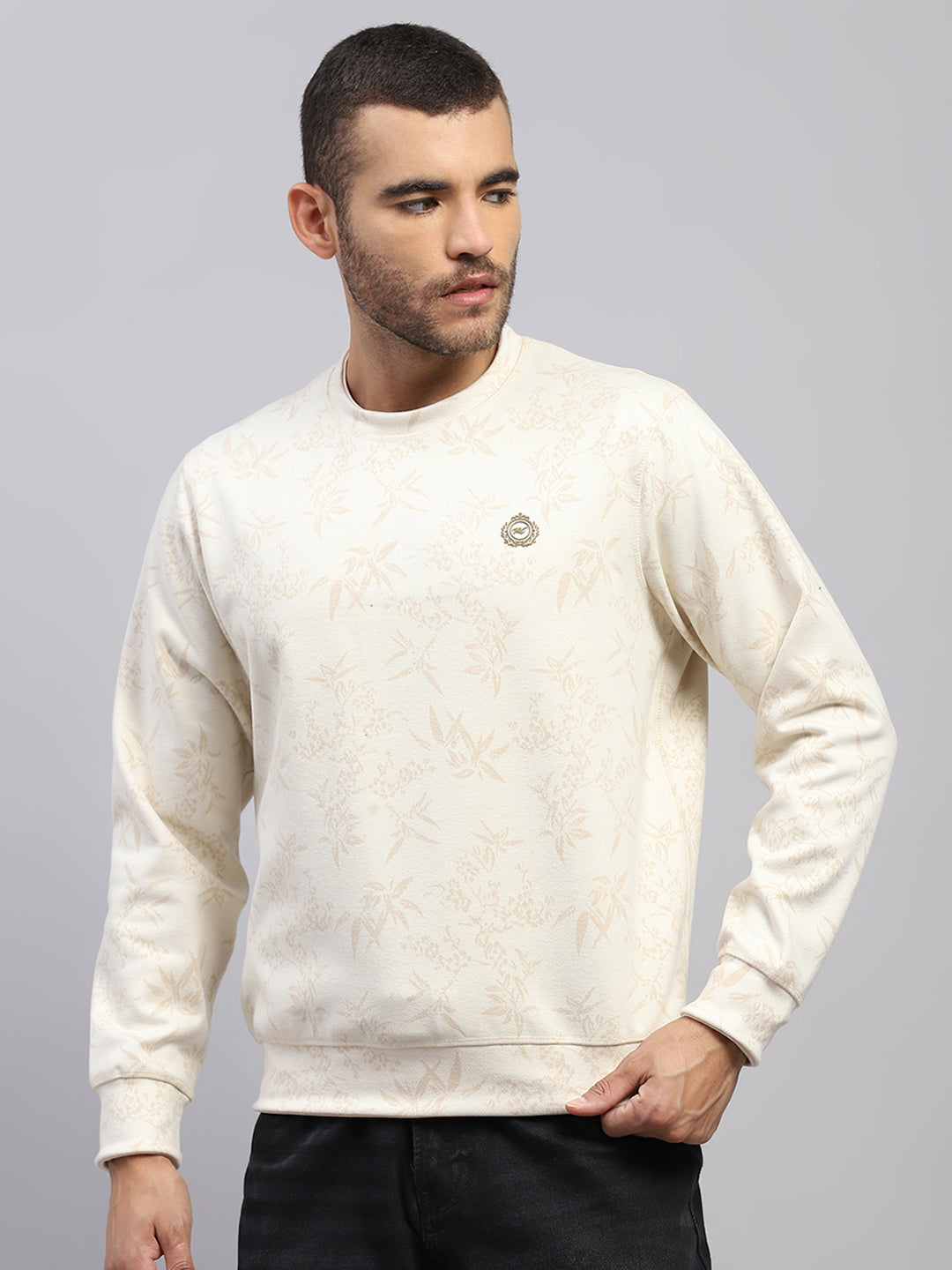 Men Beige Printed Round Neck Full Sleeve Reversible Sweatshirt