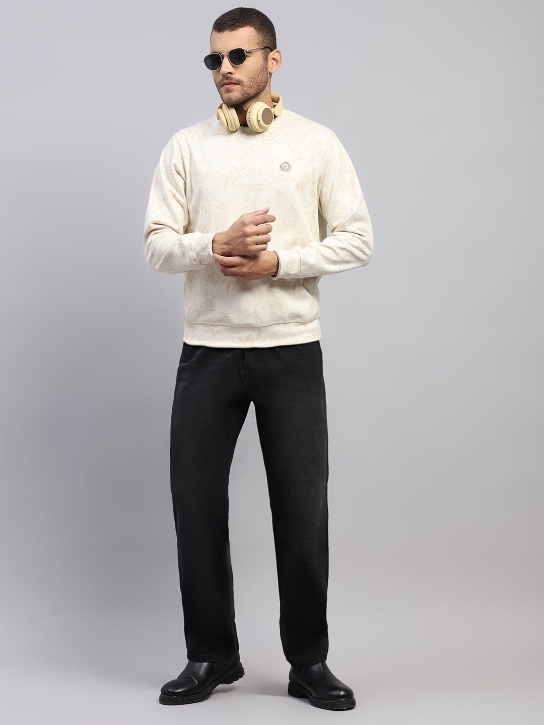 Men Beige Printed Round Neck Full Sleeve Reversible Sweatshirt