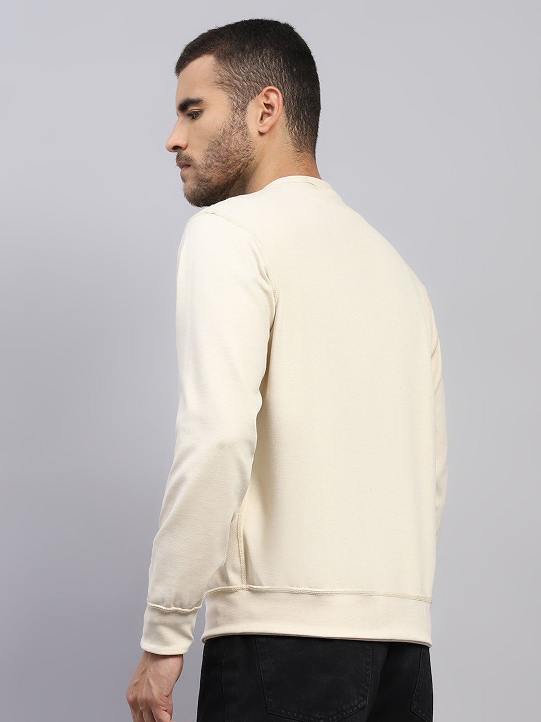 Men Beige Printed Round Neck Full Sleeve Reversible Sweatshirt