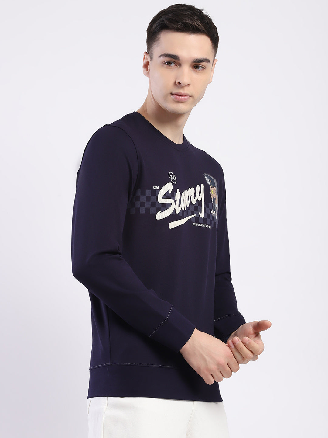 Men Navy Blue Printed Round Neck Full Sleeve Sweatshirt