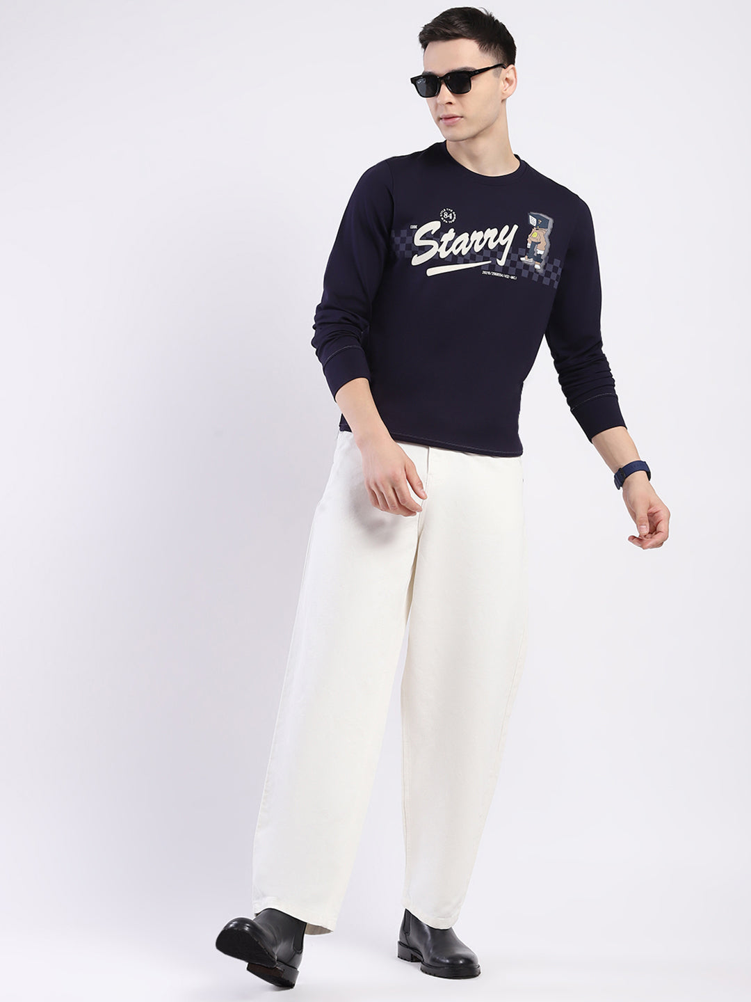 Men Navy Blue Printed Round Neck Full Sleeve Sweatshirt