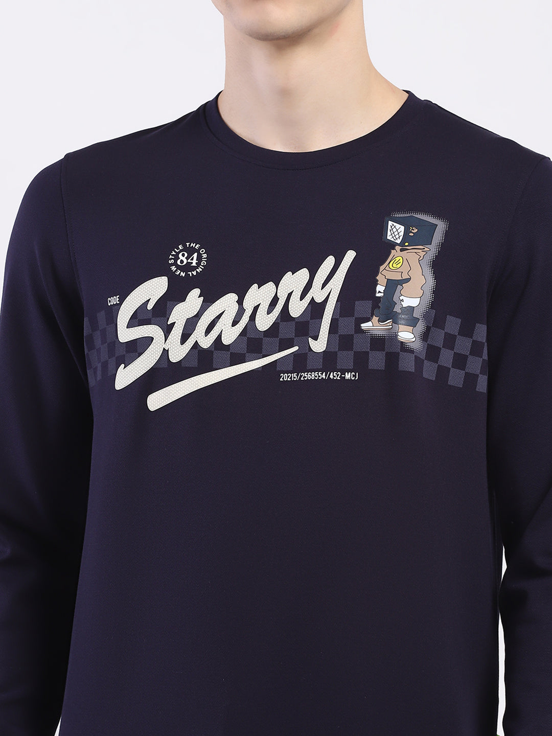 Men Navy Blue Printed Round Neck Full Sleeve Sweatshirt