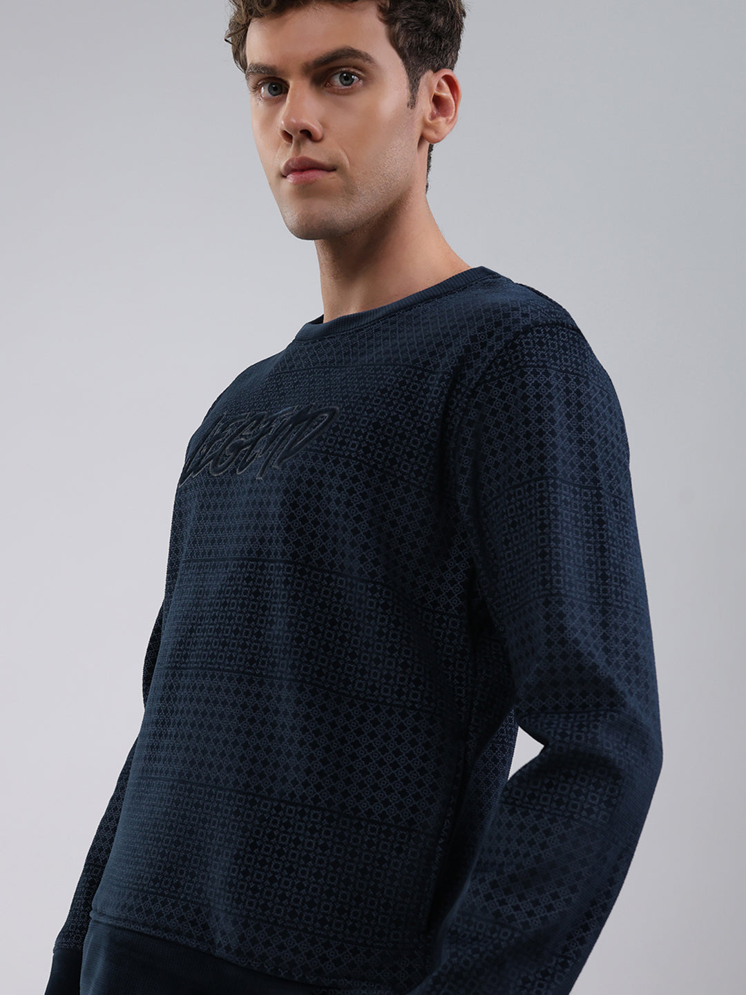 Men Navy Blue Printed Round Neck Full Sleeve Sweatshirt