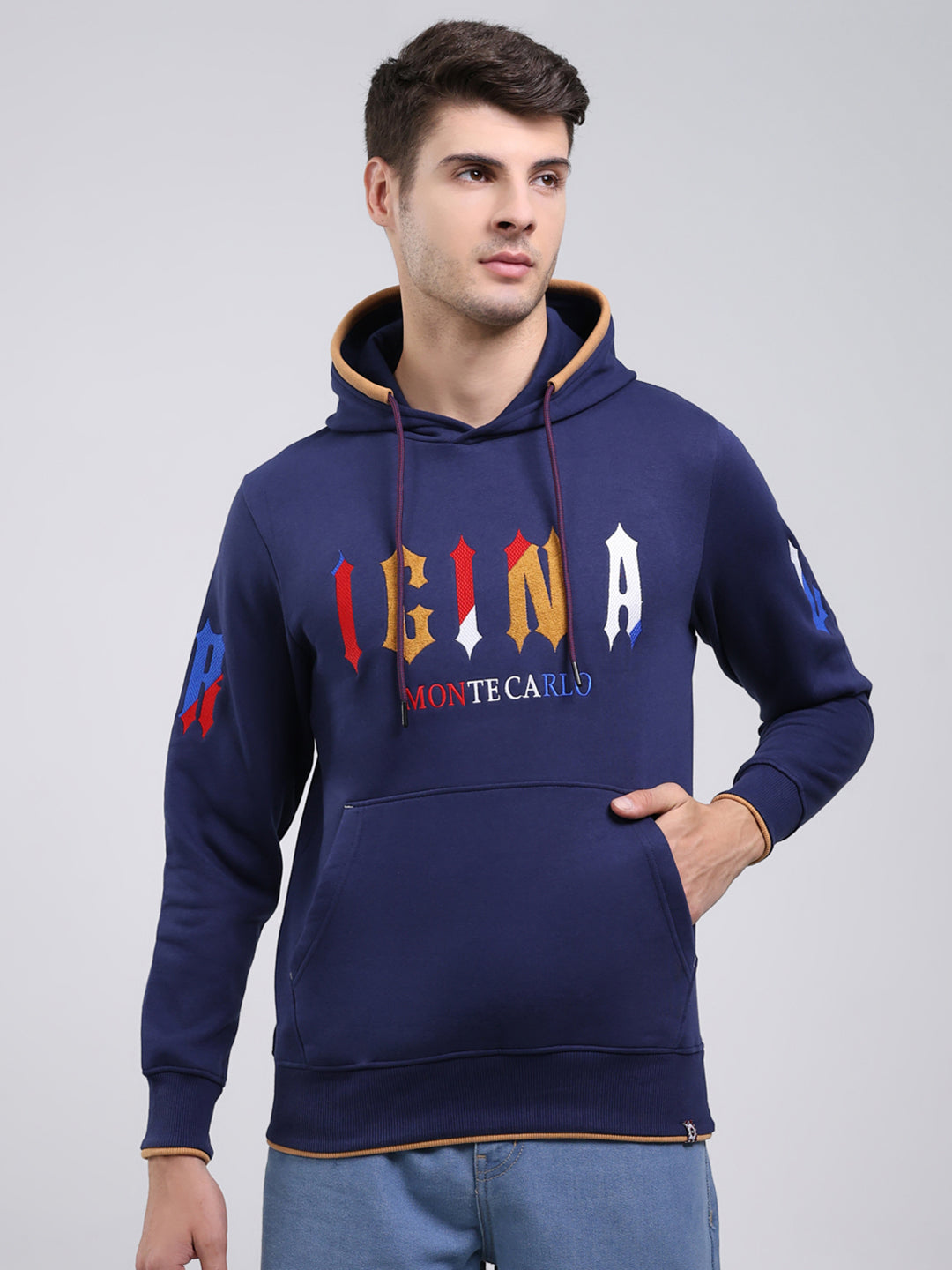 Men Blue Printed Hooded Full Sleeve Sweatshirt