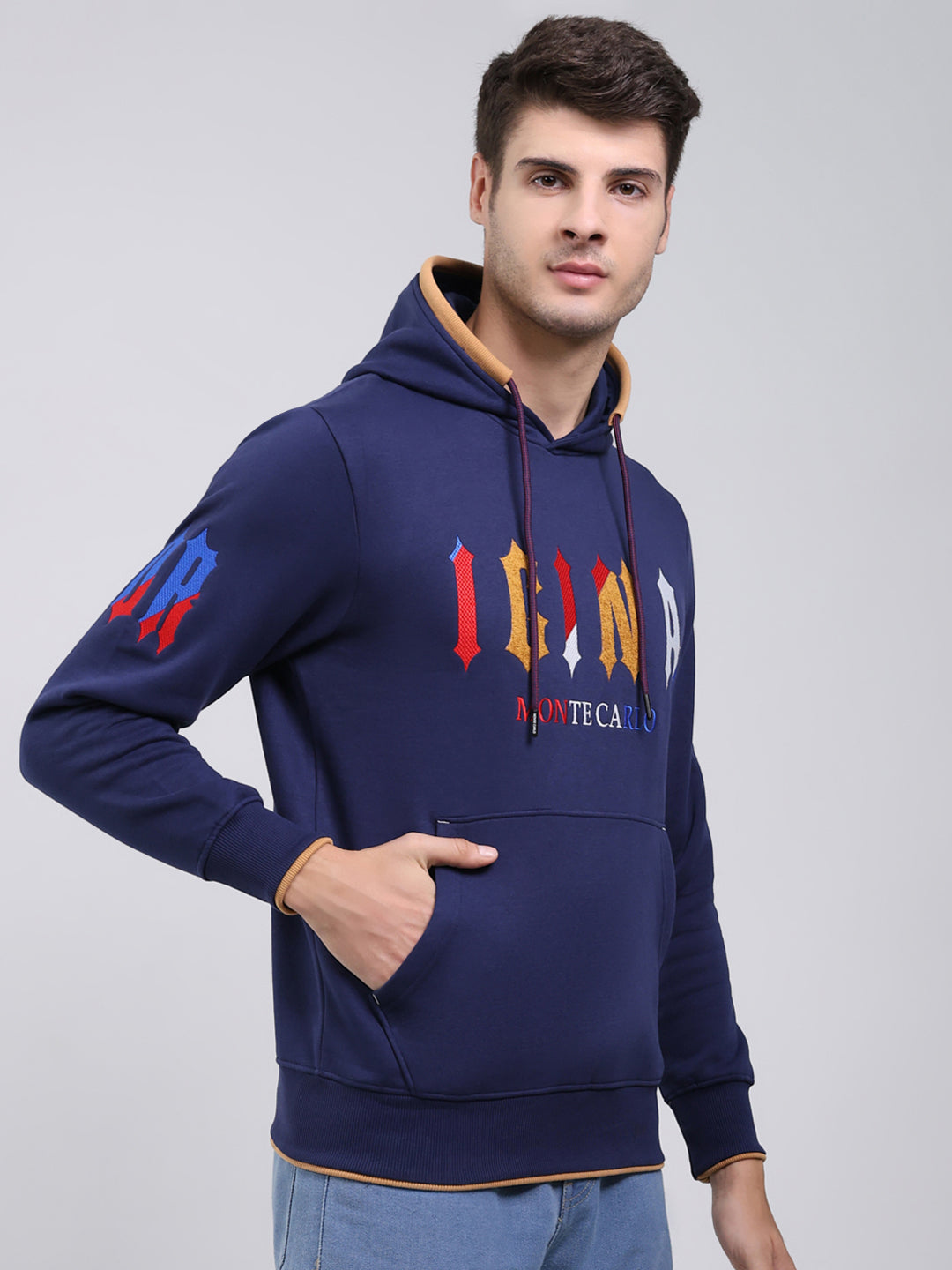 Men Blue Printed Hooded Full Sleeve Sweatshirt