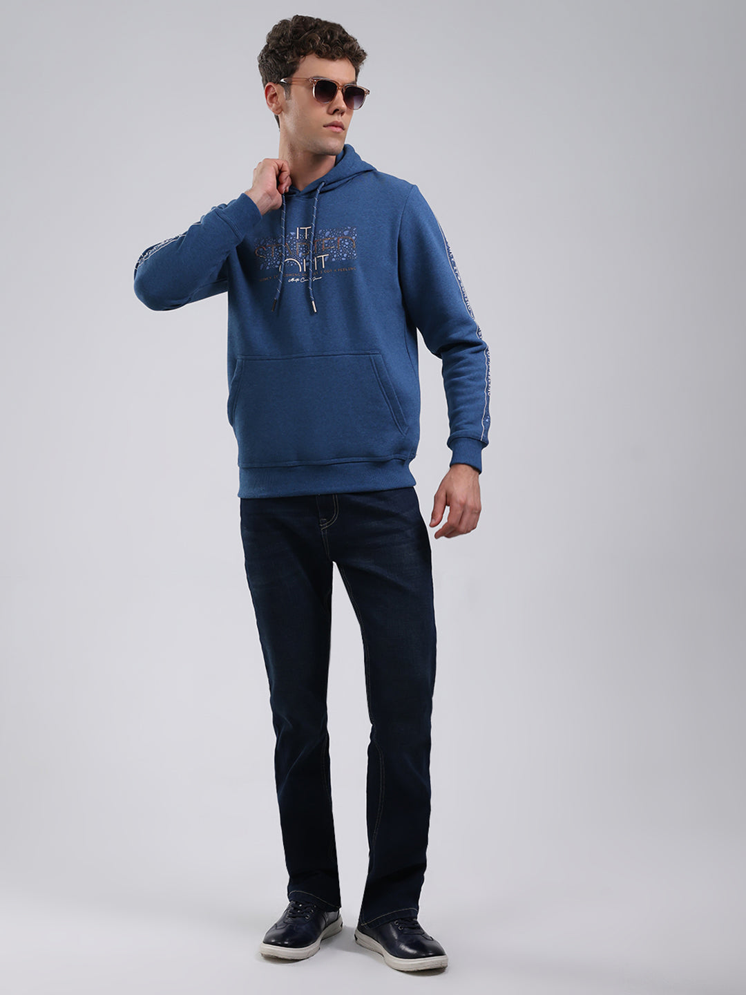 Men Teal Blue Solid Hooded Full Sleeve Sweatshirt