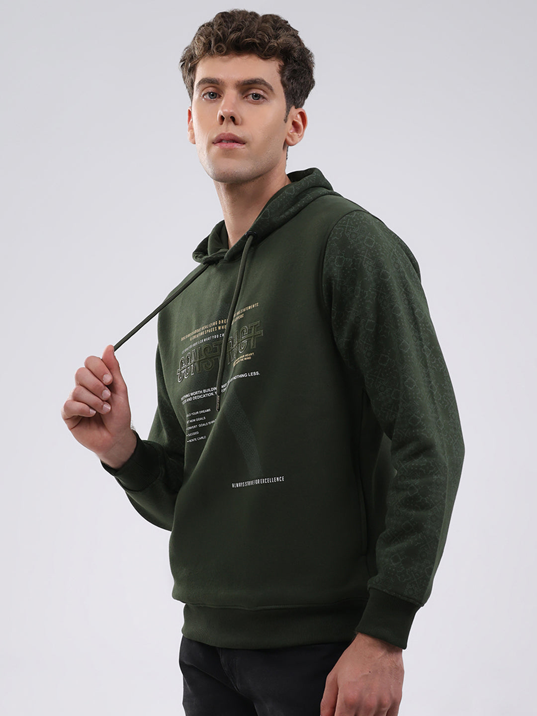 Men Olive Solid Hooded Full Sleeve Sweatshirt