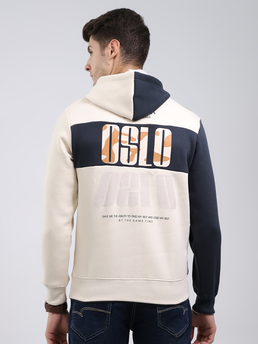 Men Grey Printed Hooded Full Sleeve Sweatshirt