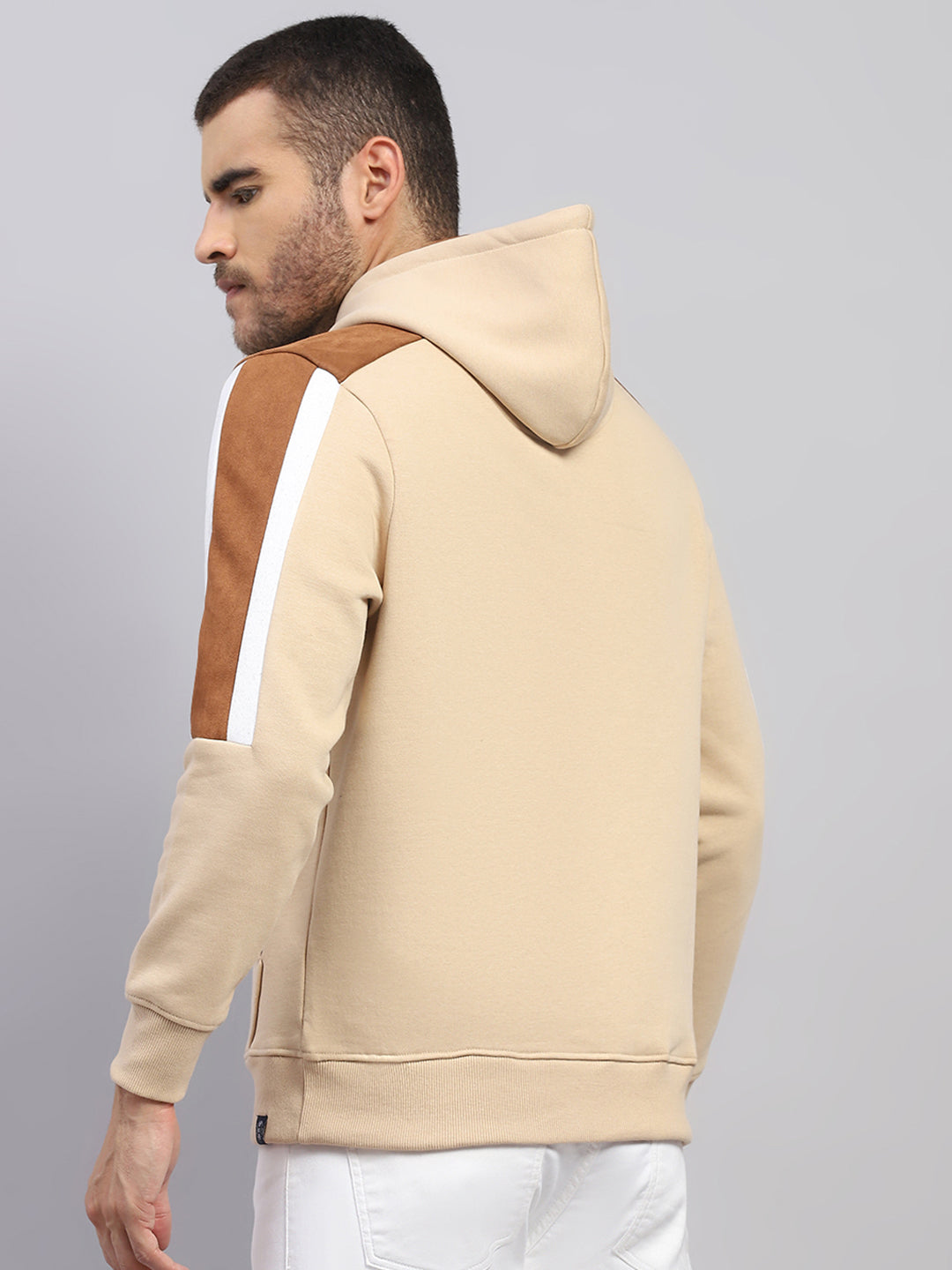 Men Beige Solid Hooded Full Sleeve Sweatshirt