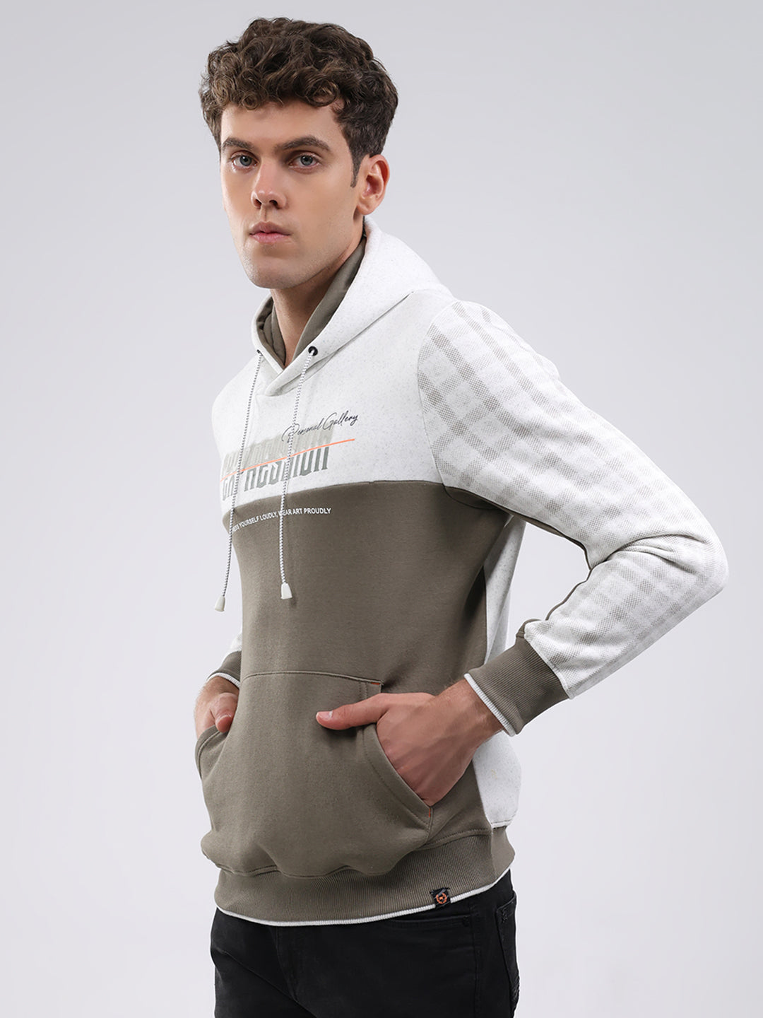 Men Olive Solid Hooded Full Sleeve Sweatshirt
