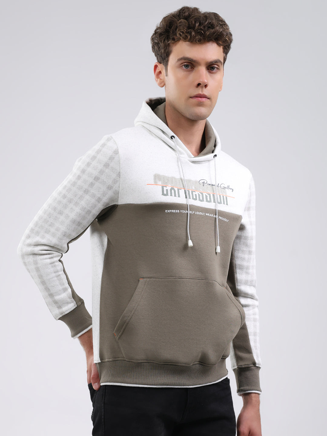 Men Olive Solid Hooded Full Sleeve Sweatshirt