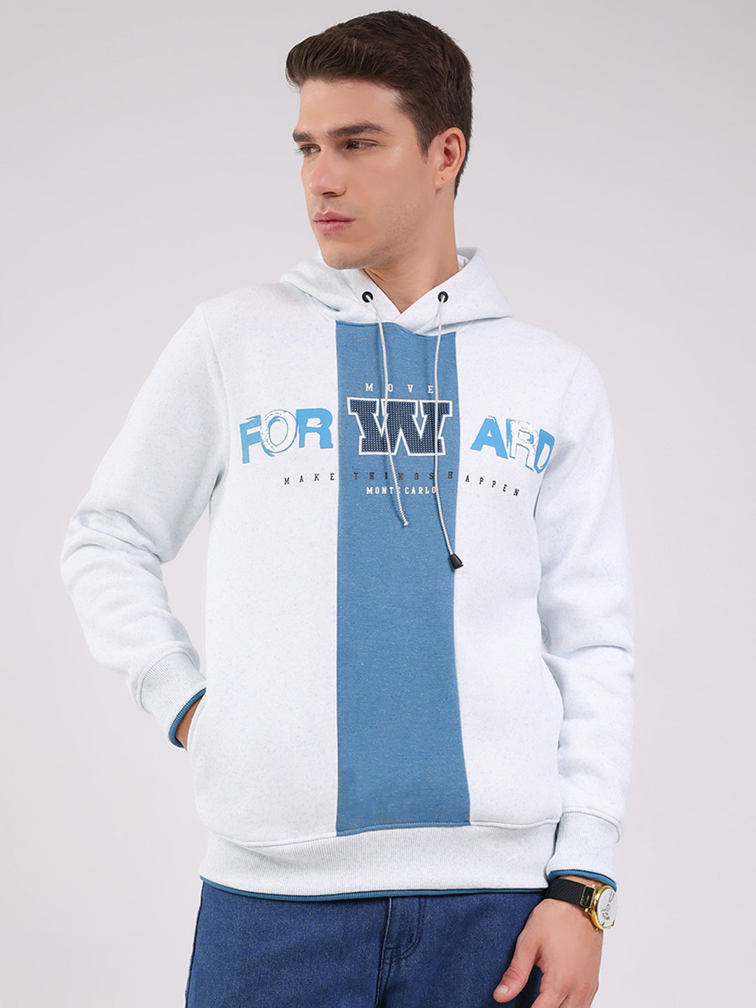 Men Blue Printed Hooded Full Sleeve Sweatshirt