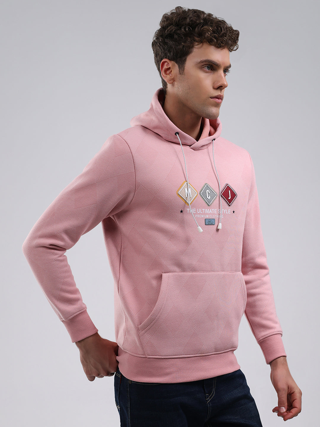 Men Peach Solid Hooded Full Sleeve Sweatshirt