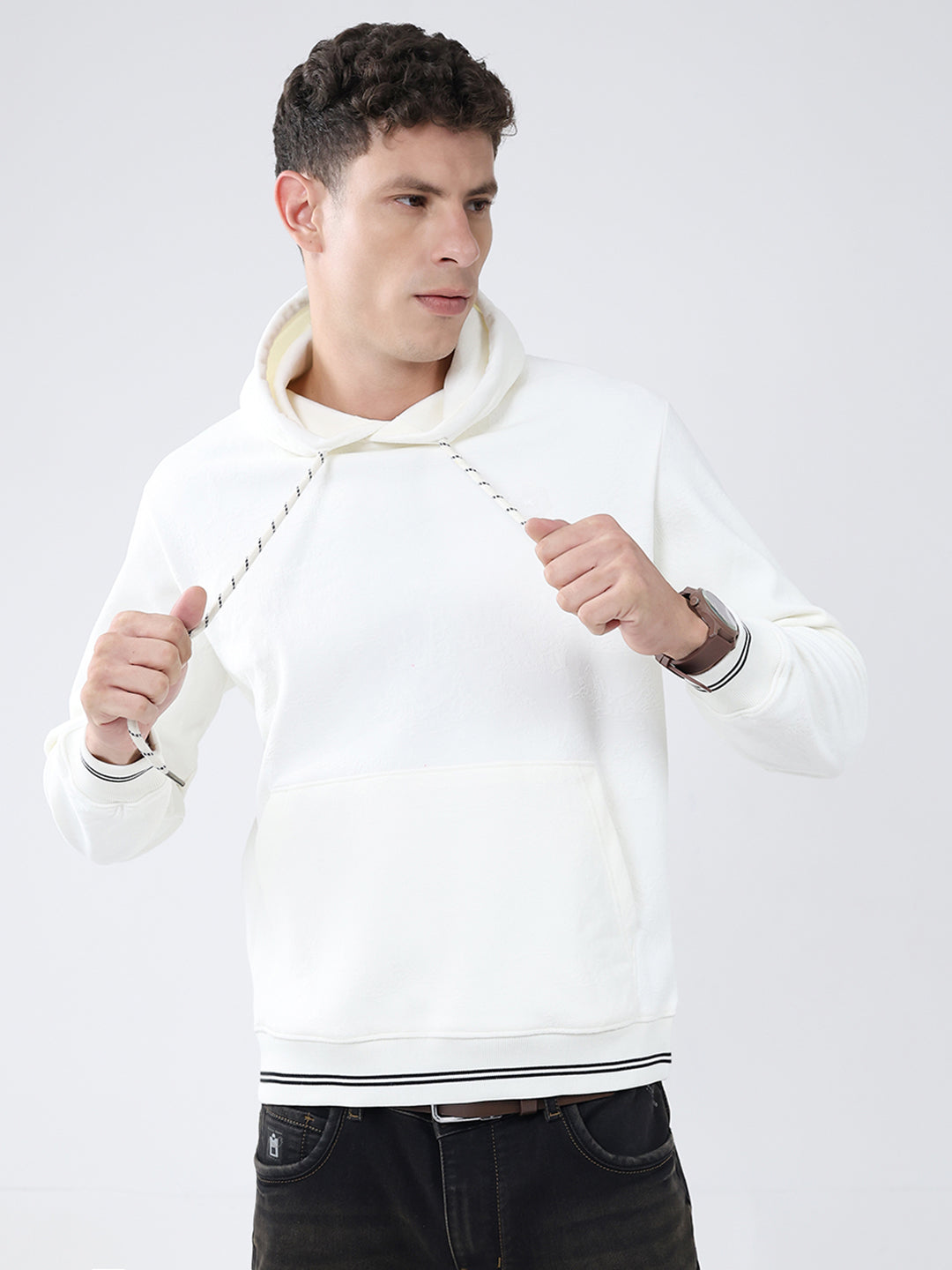 Men White Solid Hooded Full Sleeve Sweatshirt